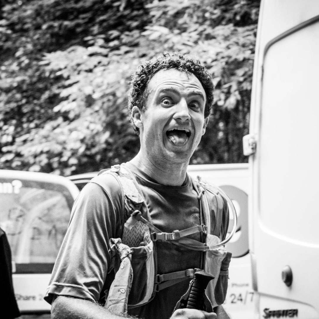 Ben making a funny face while attempting to set a new fastest known time on the Vermont Long Trail