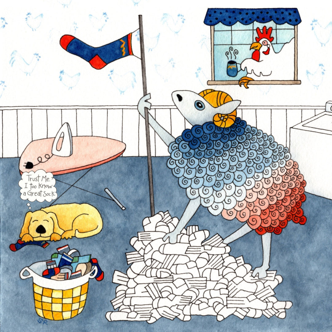 A sheep waving a victory flag on a sock pile