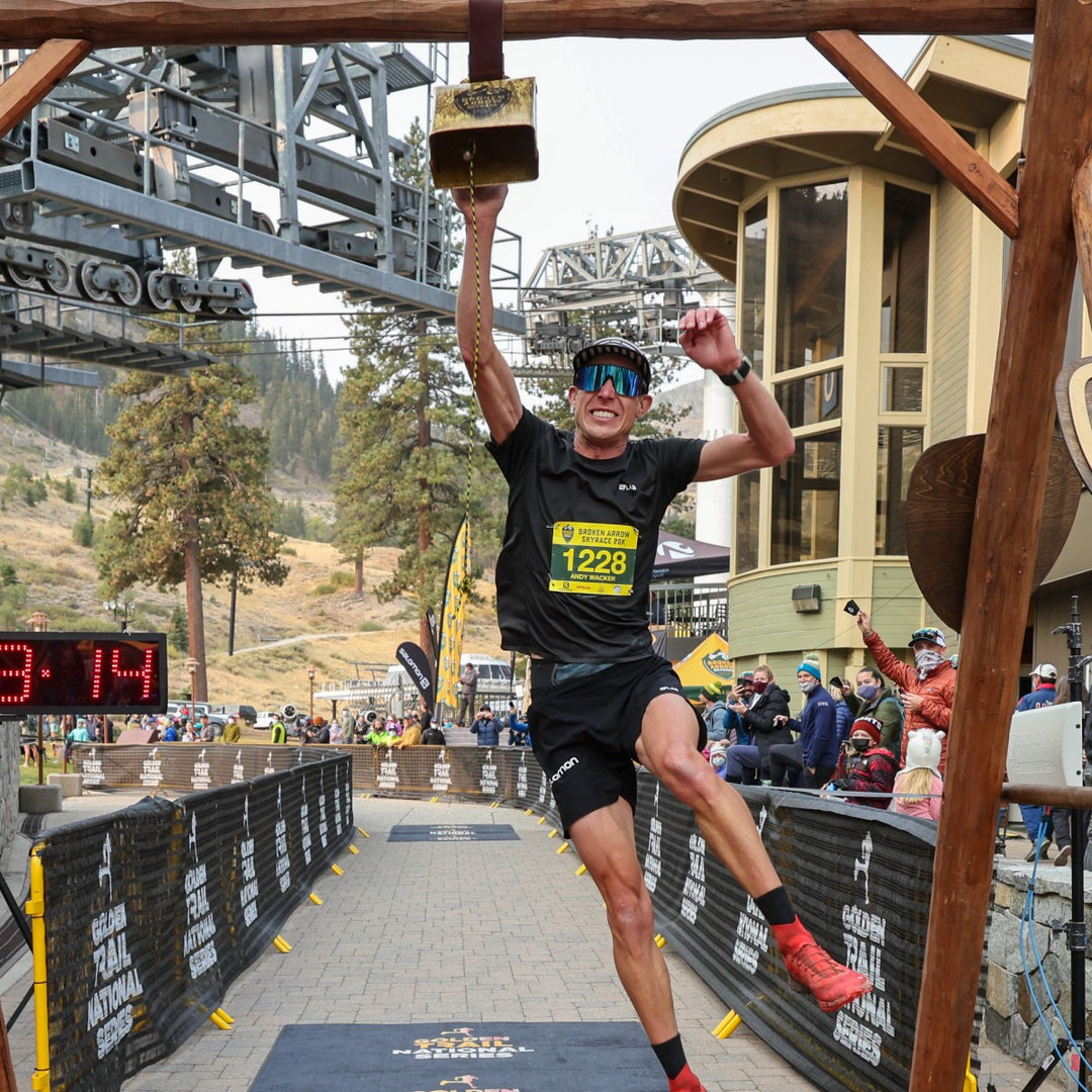 Andy Wacker ringing the cow bell at Broken Arrow Skyrace's finish line