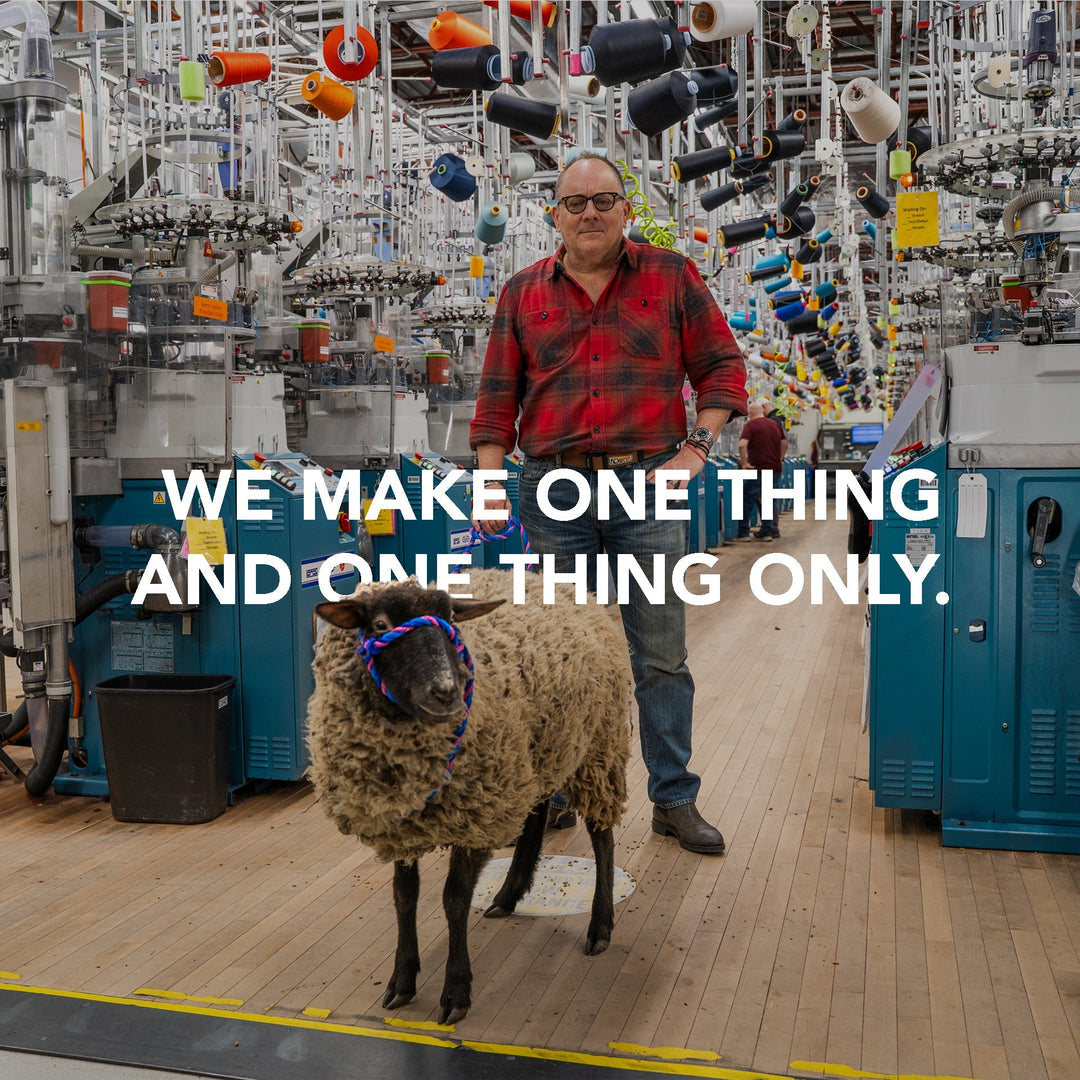 We make one thing and one thing only. Founder Ric Cabot standing in the Mill with a sheep