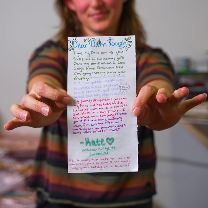 A letter address to Darn Tough, written in a bunch of fun pen colors