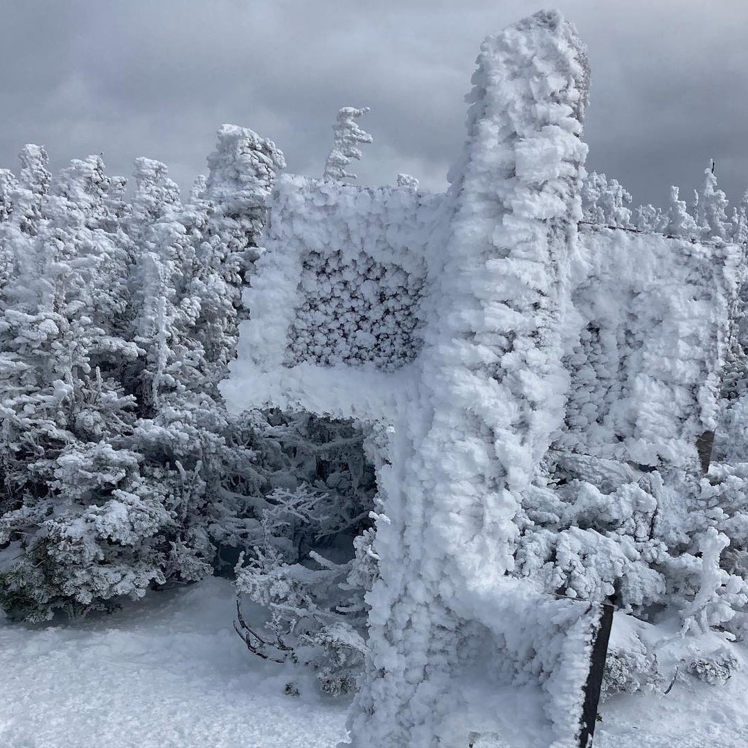 A trail sign completely covered in ice on a popular winter hiking trail