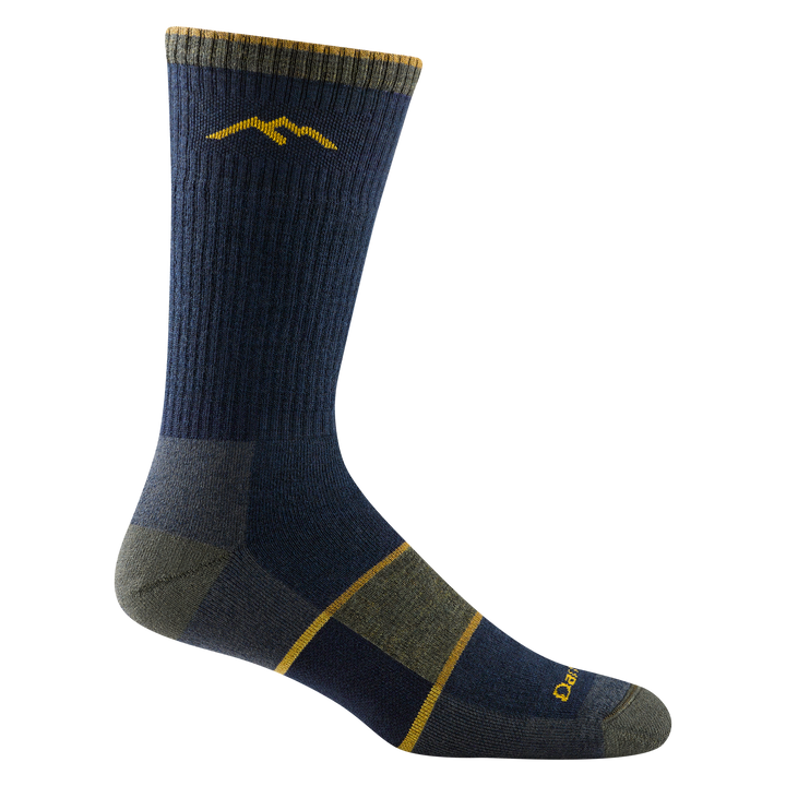 1405 men's hiking boot sock in color navy blue with dark gray accents and forefoot colorblock with 2 yellow stripes