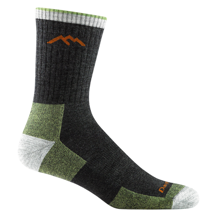 1466 men's micro crew hiking sock in dark green with white toe/heel accents and lime green color block on bottom