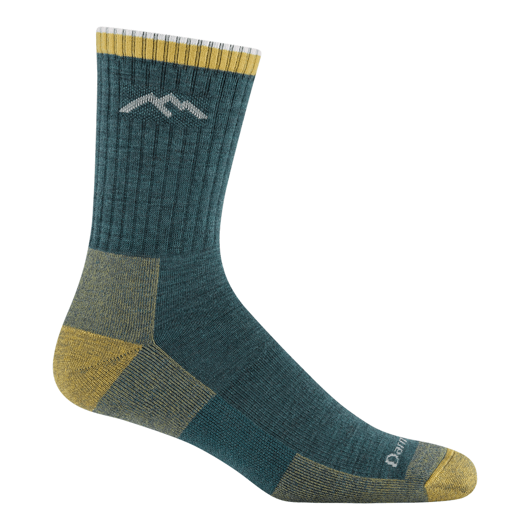 1466 micro crew midweight hiker in spruce featuring a green body yellow toe/heel and gray logo