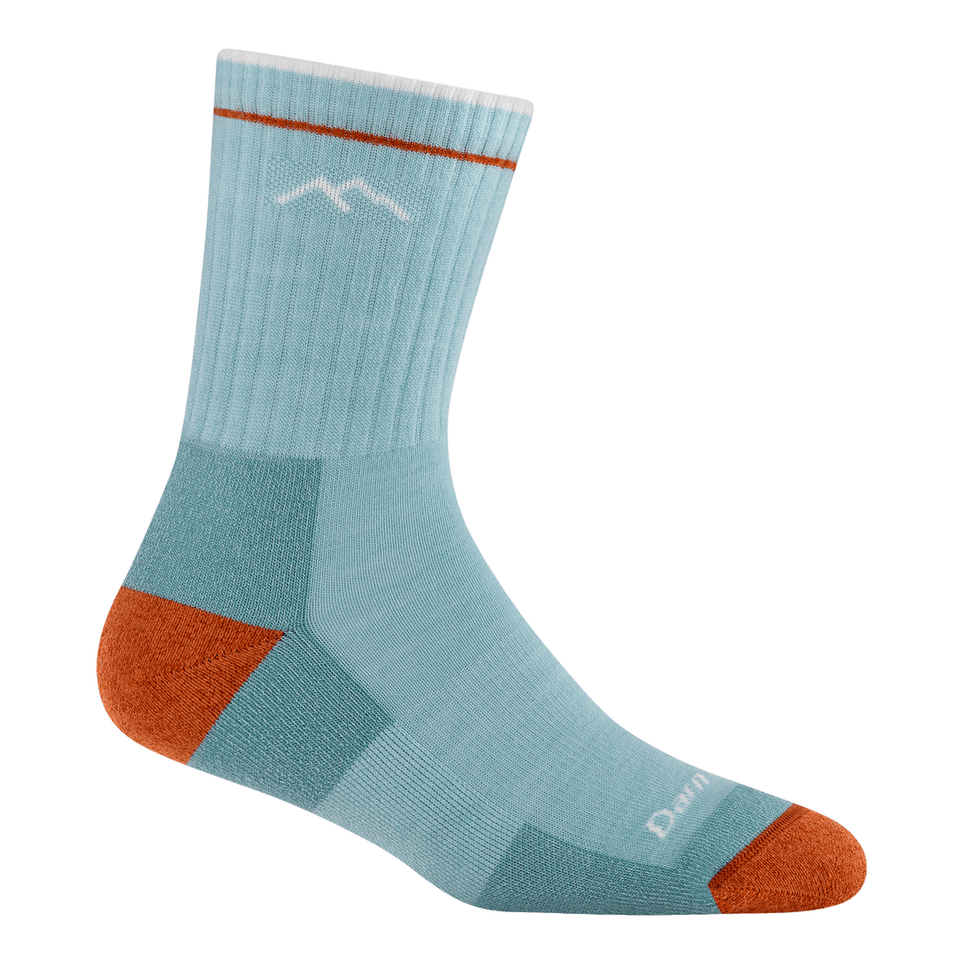 1903 midweight micro crew hiker in glacier featuring orange toe/heel and light blue body white logo
