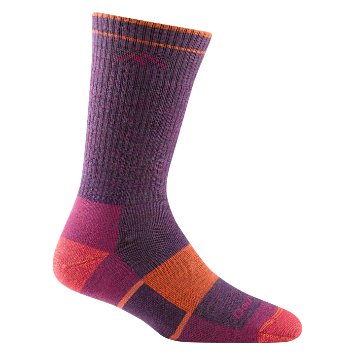 1908 women's hiking boot sock in color purple plum with coral toe/heel accents and orange color block on forefoot