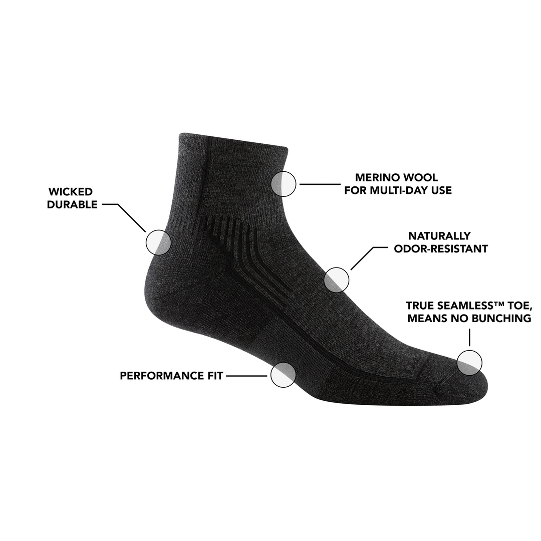 1959, 1/4 hiker feature callouts durable merino wool, naturally odor resistant with seamless toe and performance fit.