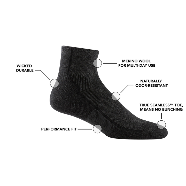 1959, 1/4 hiker feature callouts durable merino wool, naturally odor resistant with seamless toe and performance fit.