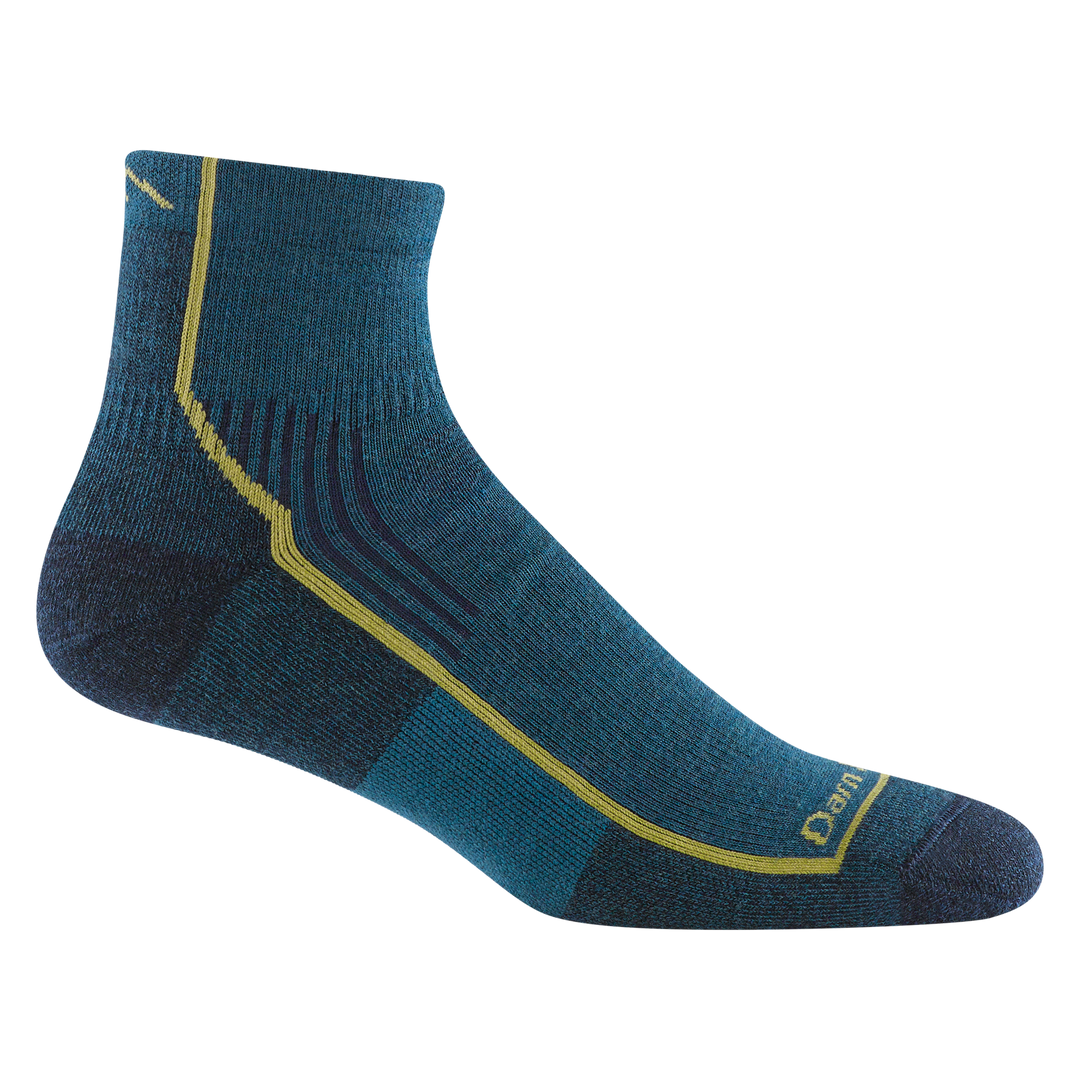  1959 men's quarter hiking sock in color dark teal with navy toe/heel accents and yellow forefoot outline