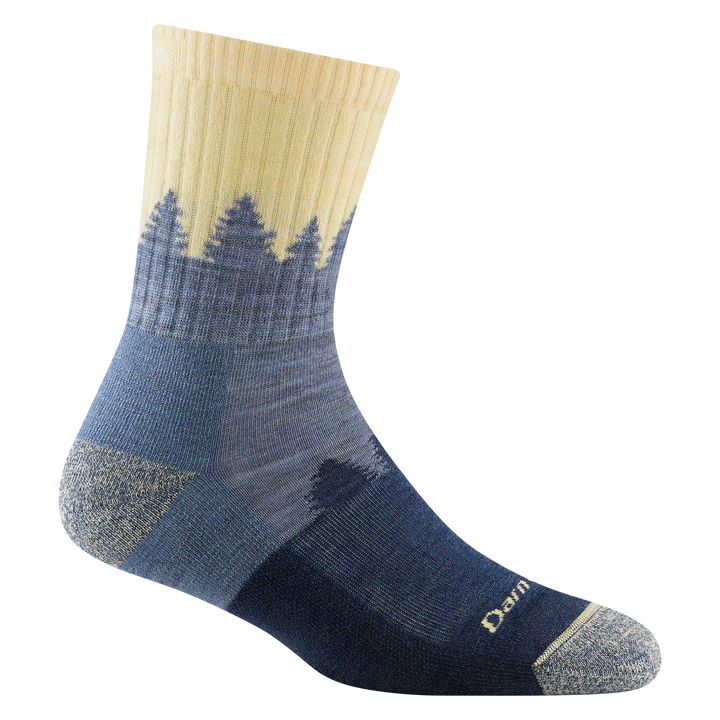 Reverse side of women's treeline micro crew hiking sock in color light denim with yellow calf and blue tree design