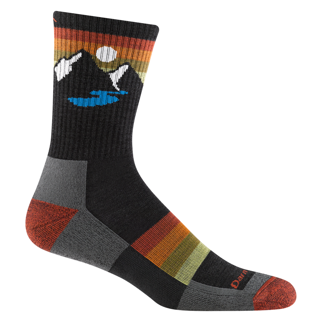 1997 men's sunset ridge micro crew hiking sock in charcoal with orange toe/heel accents and a mountain silhouette detail