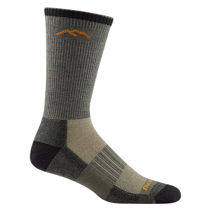2100 men's hunting boot sock in color forest green with black accents, tan forefoot and small orange mountain detail