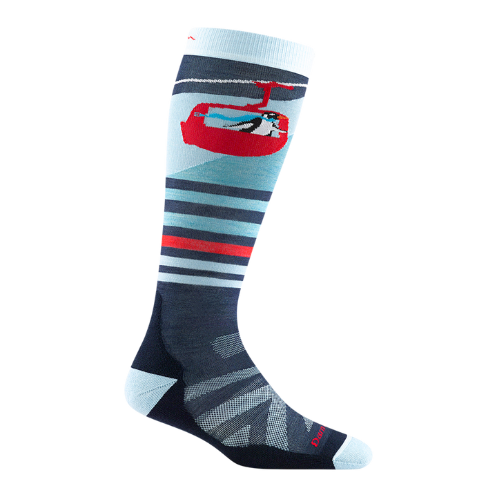 3036 kids skipper over-the-calf sock in color glacier blue with light blue accents and a penguin in a red gondola