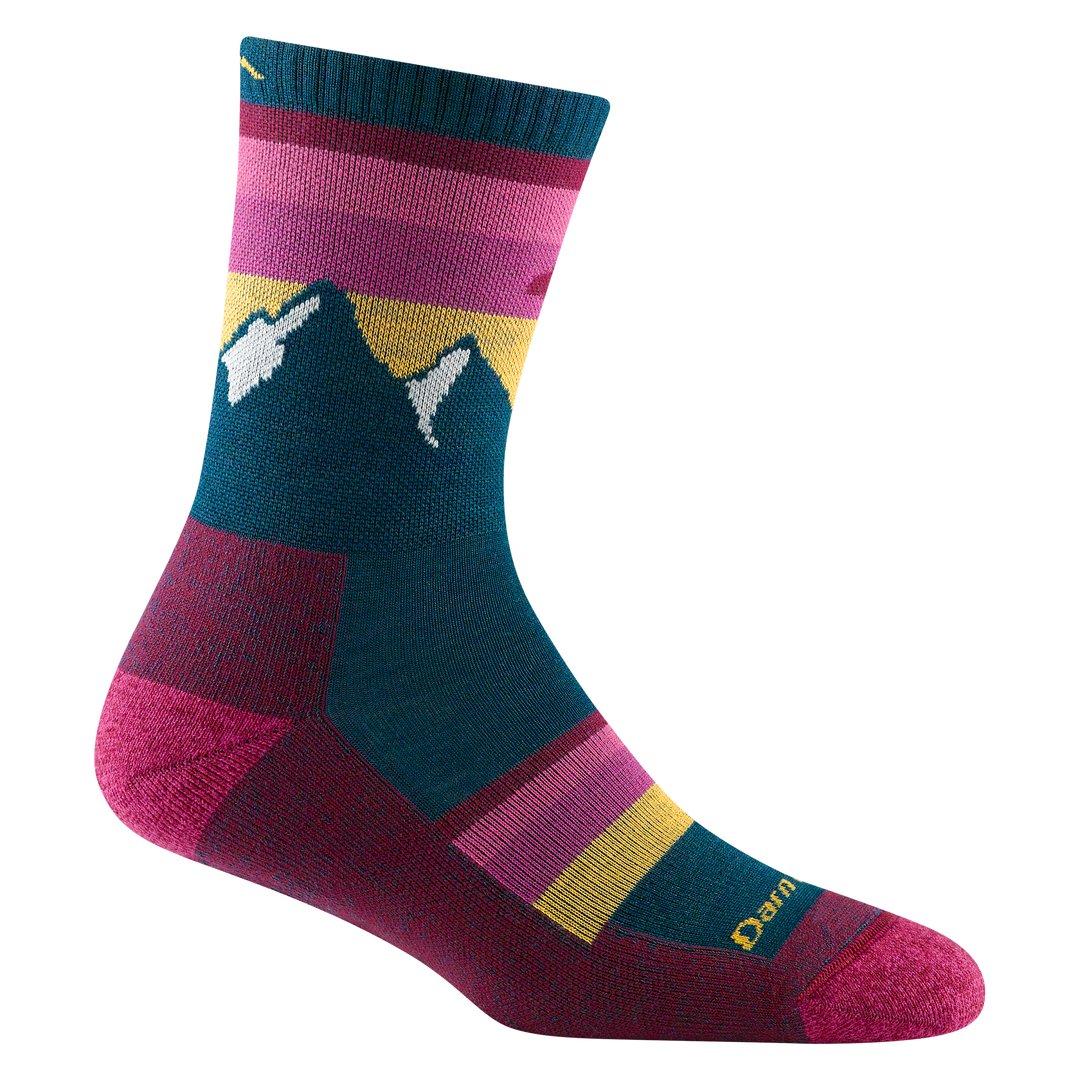 Reverse side of women's sunset ledge micro crew hiking sock in dark teal with yellow and pink forefoot striping