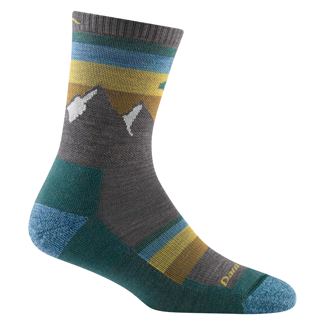 Reverse side of women's sunset ledge micro crew hiking sock in taupe with teal bottom and gold and teal forefoot stripes