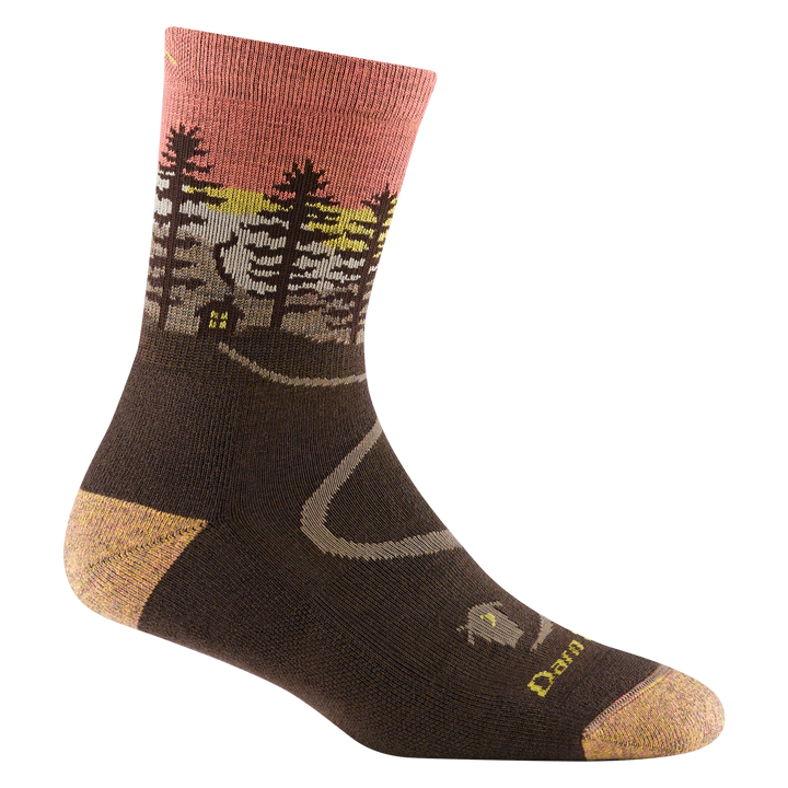5013 women's northwoods micro crew hiking sock in earth with a tan toe/heel accents and cabin and tree design on the ankle