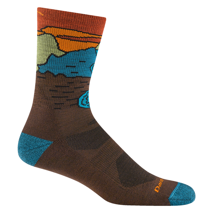 Reverse 5020 chasing waterfalls micro crew hiking sock in earth featuring a teal heel/toe brown body and waterfall scene on leg