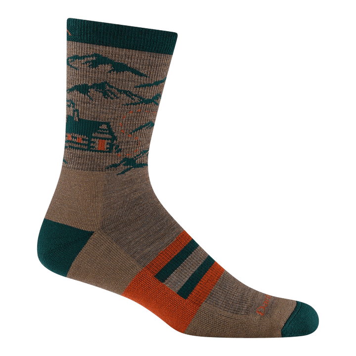 reverse 5021 hike hike hut in bark featuring mountains and cabin on ankle with green heel/toe and orange logo
