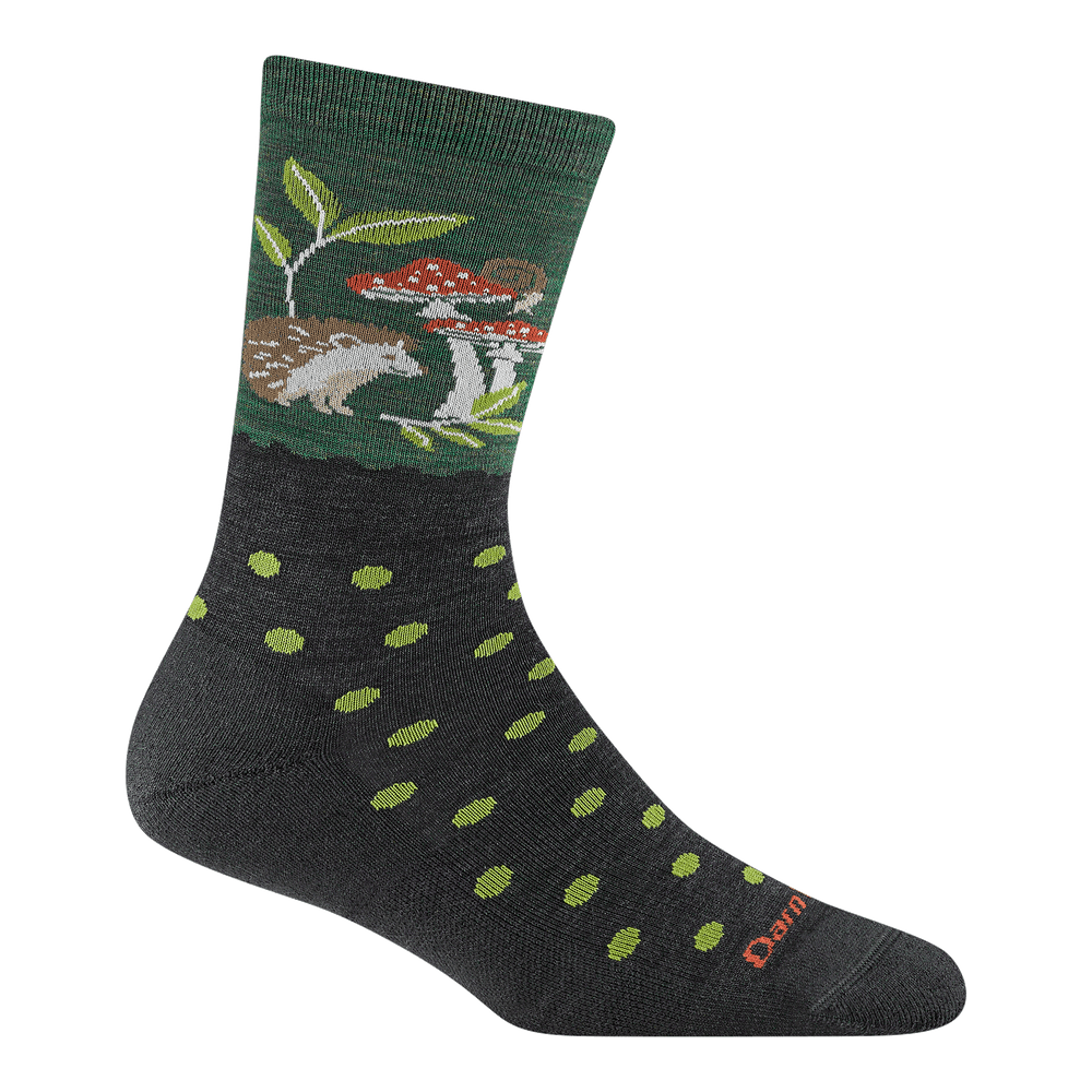 6105 women's wild life micro crew lifestyle sock in hedgehog moss with a hedgehog sitting under mushrooms 