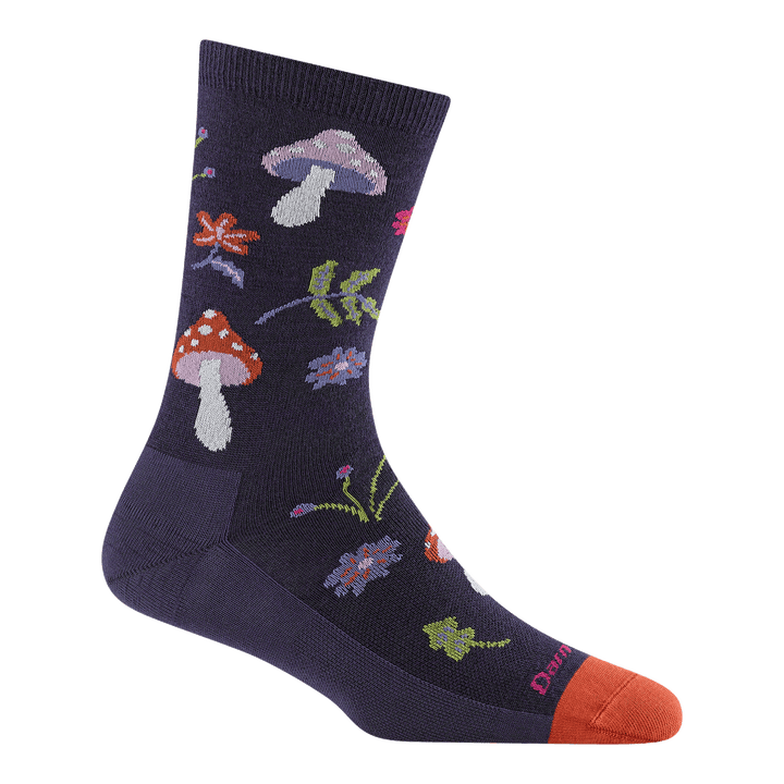 6133 shroom bloom in blackberry featuring an orange toe and purple body with mushrooms leaves and flowers all over