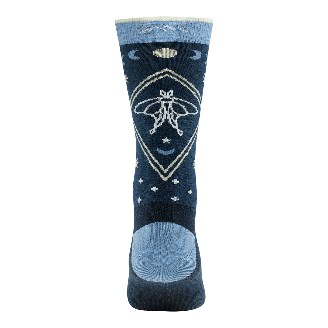Rear facing image of back of sock focusing on the luna moth and stars around it 