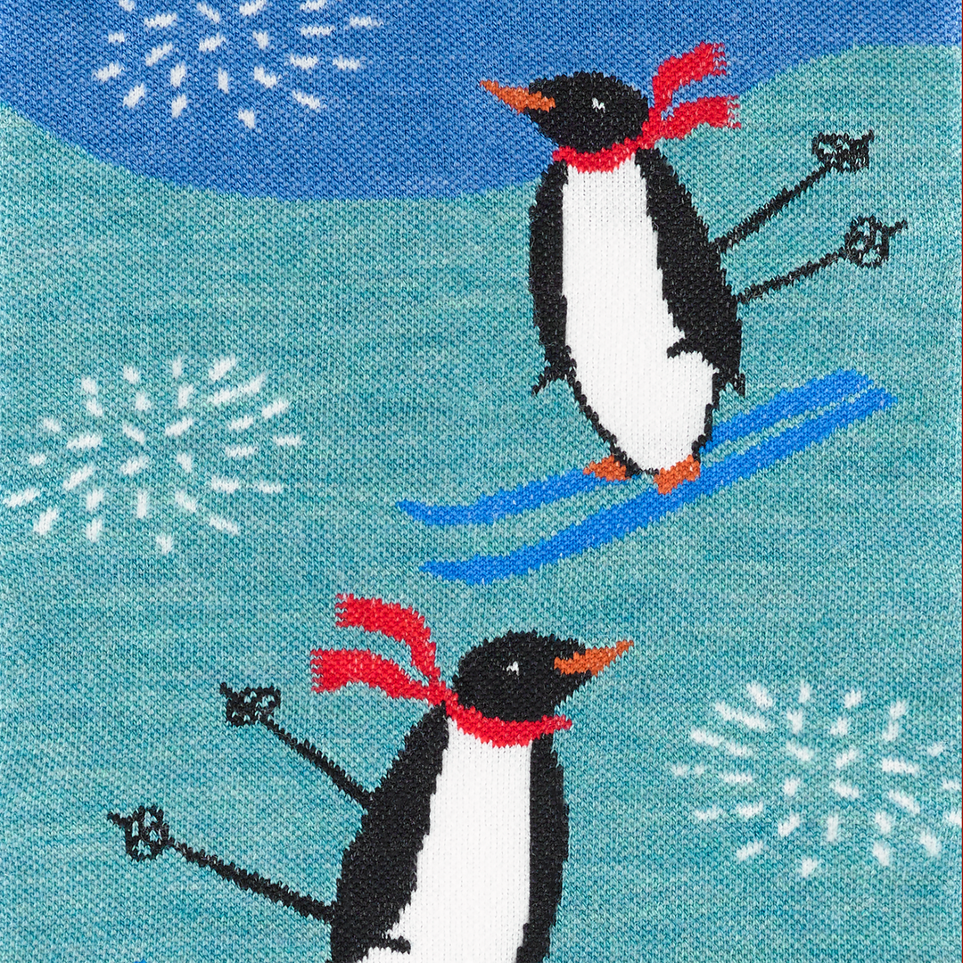 Call out detail image of the of the 8037 aqua front image of penguins skiing