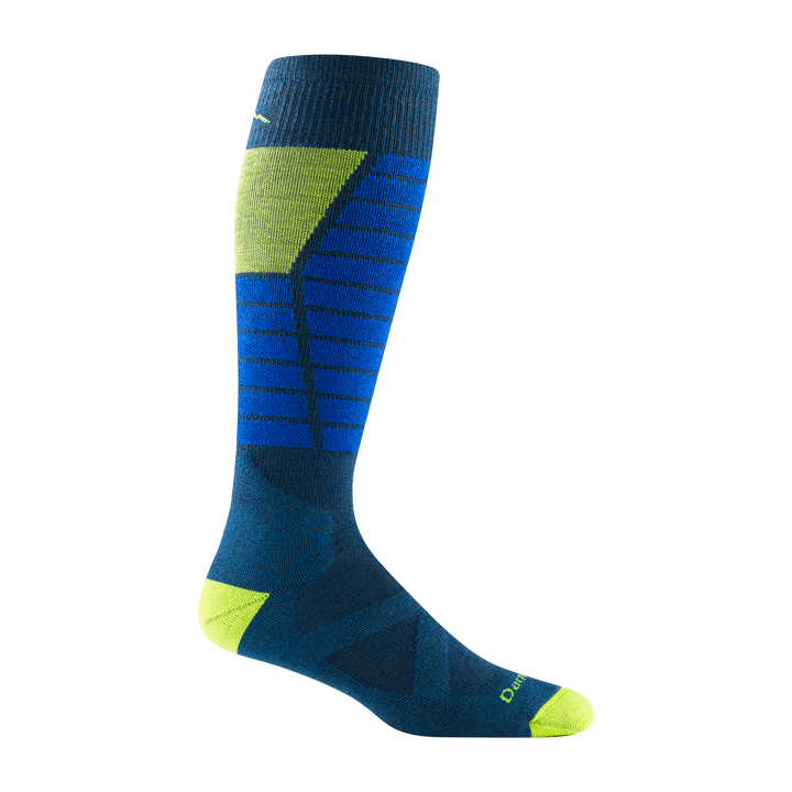 8044 Function X Ski and Snowboard sock in Dark teal with bright yellow toe/heel/ calf vent, marine blue stripes on shin