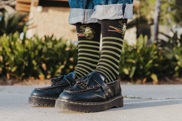 Shop Men's Dress Socks - feet wearing dress loafers with fun dress socks