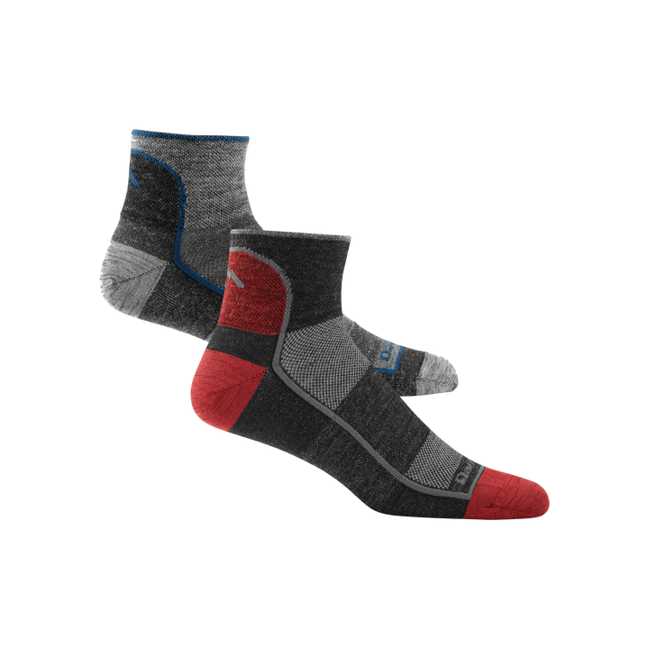 2 pack bundle shot including men's 1715 quarter athletic sock in both offered colors, charcoal and team DTV red 