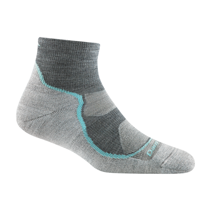 1987 women's light hiker quarter hiking sock in color slate gray with light blue stripe down forefoot and dark gray ankle